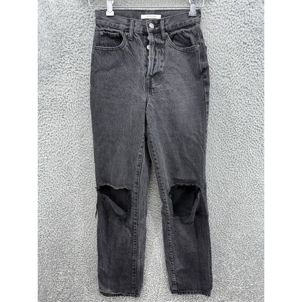 Pacsun Women 23 Black Mid Rise Straight Distressed‎ Denim Jeans Button Fly